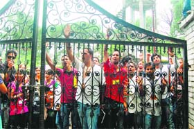 ABVP activists protest on the education Board campus in Dharamsala on Thursday