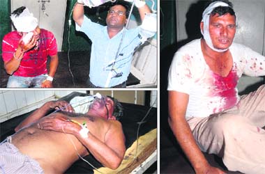 (Clockwise from top left) Injured robber, and victims Raj Kumar and Swaran Das undergo treatment at the Civil Hospital in Jalandhar on Thursday