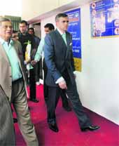 External Affairs Minister SM Krishna with Chief Minister Omar Abdullah before the inauguration of a Passport Seva Kendra in Srinagar on Thursday.