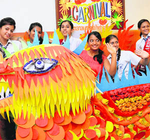 Students take part in the annual art exhibition of Manav Mangal School, Sector 21, on Sunday.
