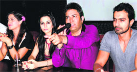 Ashmit Patel, Mangi Mahal, Jividha Astha, and Jonita Doda on the promotion of their upcoming Punjabi movie Dil Sadda Luteya Gaya in Jalandhar on Friday.