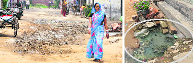 Drain water has spread in the absence of a sewerage system; and (right) drain water spills out of a house in Geeta Nagar, Ludhiana. tribune photos: himanshu mahajan, inderjeet verma  
