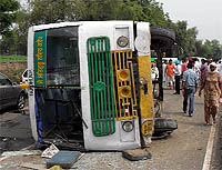 The PRTC bus that overturned near Kotshamir village in Mansa district on Sunday