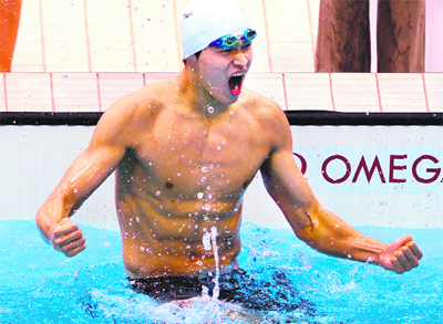 China's Sun Yang reacts after winning the men's 400m freestyle final swimming event in London on Saturday.