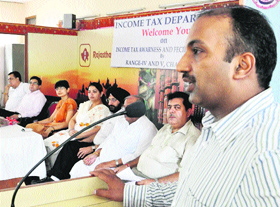 An income tax awareness camp in progress at Rajasthan Bhawan, Sector 33, Chandigarh.