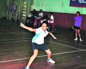 A match in progress in the U-15 girls category of the Inter-District Badminton Tourney in Haridwar on Monday.