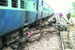 A scene after the train-oil tanker collision near Asaudha village in Jhajjar on Monday. Photo: Ravinder Saini