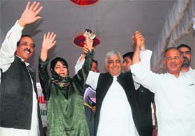 PDP leaders at the 13th foundation day function in Srinagar on Monday