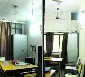 The light and fan are on unnecessarily in the office of Jarnail Singh, senior assistant, Hospitality Department; and (right) at an office at the Excise and Income Tax Department.