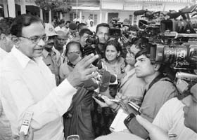 Home Minister P Chidambaram interacts with mediapersons in Kokrajhar district on Monday