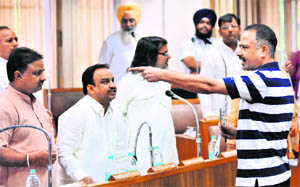 The councillors argue during the MC General Meeting in Chandigarh on Tuesday. 