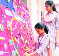 Students of DAV Public School for Girls display handmade rakhis at a special exhibition in Amritsar on Wednesday. photo by vishal kumar