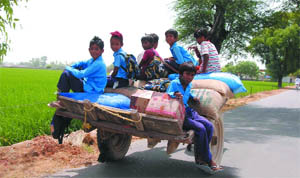 Students hitch a ride back home on a cart from school on the outskirts of Bathinda on Wednesday