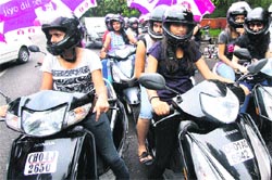 Girls riding two-wheelers wearing helmets during a road safety rally in Sector 23, Chandigarh, on Wednesday. Tribune photo: Manoj Mahajan