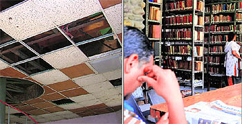 The cieling of the library at the Childrens Traffic Training Park in poor condition; and (right) a few visitors at the library in Nehru Rose Garden in Ludhiana