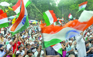 Anti-graft campaigners at Jantar Mantar in New Delhi on Thursday.