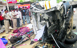 The mangled remains of a pick-up van that met with an accident on the Ladwa-Yamunanagar road on Thursday.