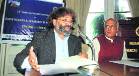 Rajvinder Singh, convener of the conference (left), with Peter D Souza, IIAS Director, at a press conference in Shimla on Thursday.