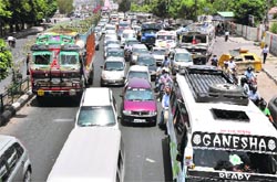 A view of a traffic jam in Jammu on Thursday. Tribune photo: Anand Sharma