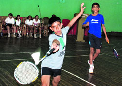 Players in action during the seventh Ashwani Gupta Memorial District Badminton Championship at the Tau Devi Lal Stadium, Sector 3, Panchkula, on Friday.