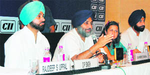 Deputy CM Sukhbir Singh Badal speaks at an interactive session with entrepreneurs in Amritsar on Thursday.