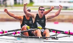 New Zealand's Joseph Sullivan (front) and Nathan Cohen celebrate winning the men's double sculls finals.  Reuters