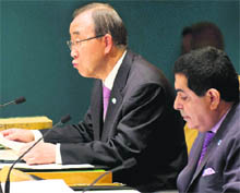 UN Secretary-General Ban Ki-moon addresses the General Assembly meeting on Syria in New York. 