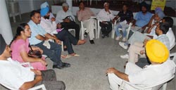 Members of various teachers unions discuss the issue of the Government Elementary School land sale during a meeting in Bathinda on Saturday. tribune photo: Pawan Sharma