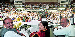 BJP leaders (from right) Vijay Goel, Sushma Swaraj and Vijendra Gupta at the partys meeting with resident welfare associations over privatisation of water supply in New Delhi on Saturday