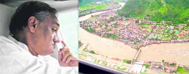 Chief Minister Vijay Bahuguna carries out an aerial survey of Uttarkashi on Sunday. 