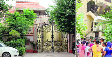 Gopal Kandas residence in Gurgaon; and (right) a crowd outside Geetika Sharmas house in Delhis Ashok Vihar.