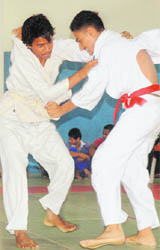 Players of under-50 category in action during the judo championship held at the Sector-42 Stadium in Chandigarh on Monday.