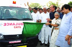 Union Health and Family Welfare Minister Ghulam Nabi Azad and Chief MInister Sheila Dikshit flag off ambulances in New Delhi on Monday. Tribune photo