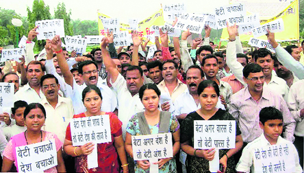 Residents participate in a Jan Chetna rally against female foeticide. The rally was organised by the Prathmik Chikitsak Seva Samiti in Faridabad.
