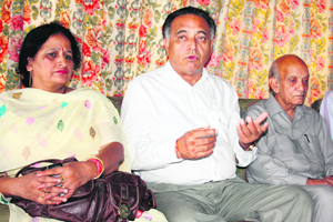 Cong MLA GS Bali addresses mediapersons in Dharamsala on Monday.