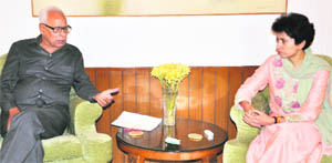 Governor N N Vohra with Union Minister for Culture Kumari Selja in Srinagar on Monday.