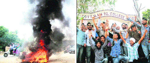 A tyre burnt by members of the Sikh community to protest against an attack on a gurdwara in Wisconsin, USA, on Sunday; and (right) students of MAM College hold a protest in Jammu on Monday.