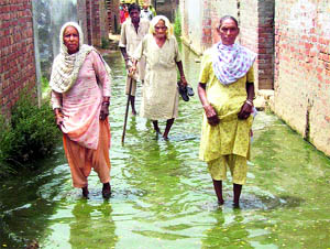 Residents of Mohalla Gandhi wade through the flowing sewage. 