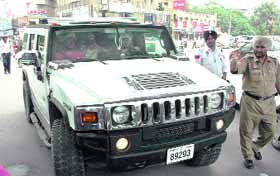 The Hummer vehicle from Sharjah whose owner was challaned for using black films in Jalandhar on Tuesday. 