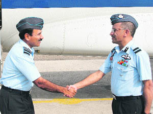 The Air Officer Commanding-in-Chief of the Western Air Command, Air Marshal Arup Raha, being received by Air Commodore Nitin Sathe, Air Officer Commanding, Air Force Station, Jammu, on Tuesday. 