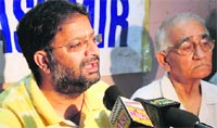 Panun Kashmir chairman Ajay Chrungoo during a press conference in Jammu on Tuesday. Tribune photo: Inderjeet Singh