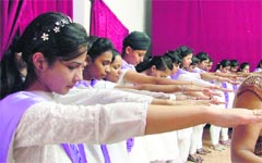 The newly elected student council of Government College for Women takes an oath in Ludhiana. Photo: Inderjeet Verma