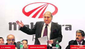 Chairman of the Mahindra group Keshub Mahindra speaks during the company's annual general meeting in Mumbai on Wednesday