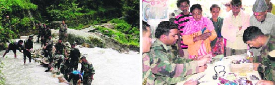 Army jawans plug breaches in a rivulet in Uttarkashi on Wednesday; and (right) an Army medical camp under way in the district 