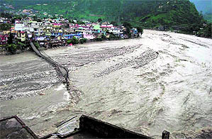 A view of the collapsed Joshiyara suspension bridge across the Bhagirathi