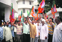 Members of the BJP Kisan Morcha stage a protest outside the Deputy Commissioners office in Jammu on Wednesday.