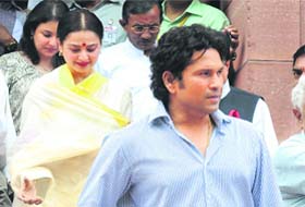 Sachin Tendulkar and actress Rekha at Parliament House on Wednesday