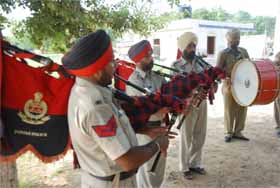 A police band rehearses ahead of Independence Day celebrations, at the Sports Stadium in Bathinda, on Thursday.