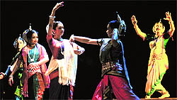 Odissi dancer Daksha Mashruwala (extreme right) performs with her students at the Tagore Theatre, Sector 18, Chandigarh, on Thursday