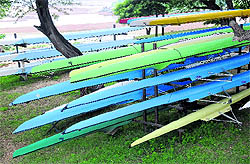 Rowing boats lying near the Sukhna Lake in Chandigarh